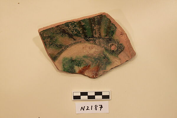 Ceramic Fragment, Earthenware; white slipped, incised and splashed with polychrome glaze 