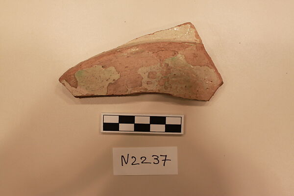 Ceramic Fragment, Earthenware; white slipped, slip-painted, splashed and incised under a colorless glaze.