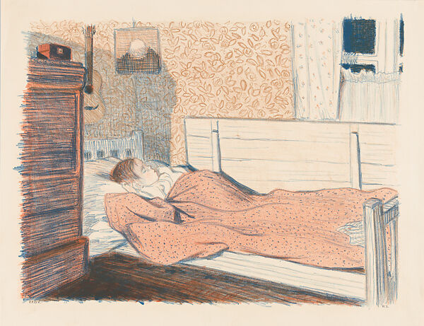 Evening, a bedroom interior with child asleep in bed, from 