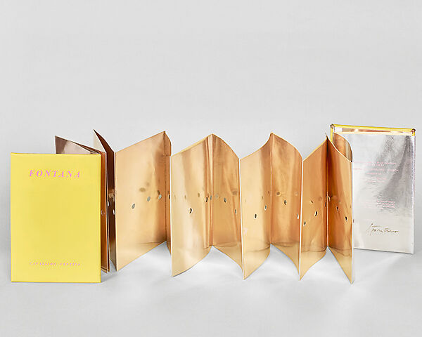 Spatial Concept (Concetto Spaziale), Lucio Fontana (Italian, 1899–1968), Gold paper with leporello folds, punched holes, vinyl, and board binding 