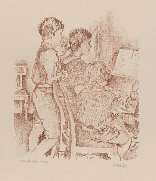 Music lesson (En. Musikstund), from the portfolio of the Swedish Fine Art Print Society (Föreningen för Grafisk Konst), Hjalmar Strååt (Swedish, Norrköping 1885–1971 Stockholm), Lithograph in brown ink 