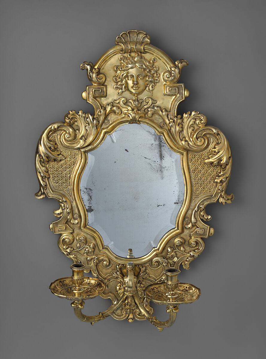 Monumental mirror sconce (one of a pair), Peter Rahm  German, Silver, embossed, chiseled, engraved and gilded; mirror glass (19th century replacement); wood frame, German, Augsburg