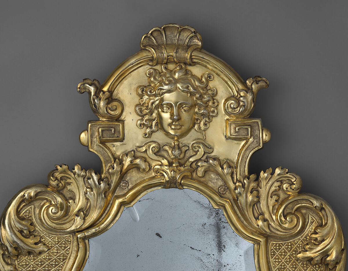 Monumental mirror sconce (one of a pair), Peter Rahm (German, 1661–1737), Silver, embossed, chiseled, engraved and gilded; mirror glass (19th century replacement); wood frame, German, Augsburg