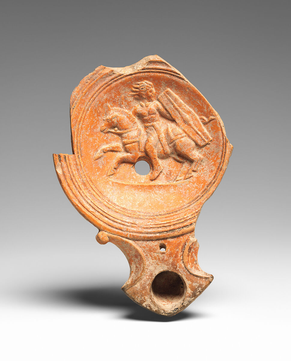 Terracotta oil lamp fragment, Terracotta, Roman 