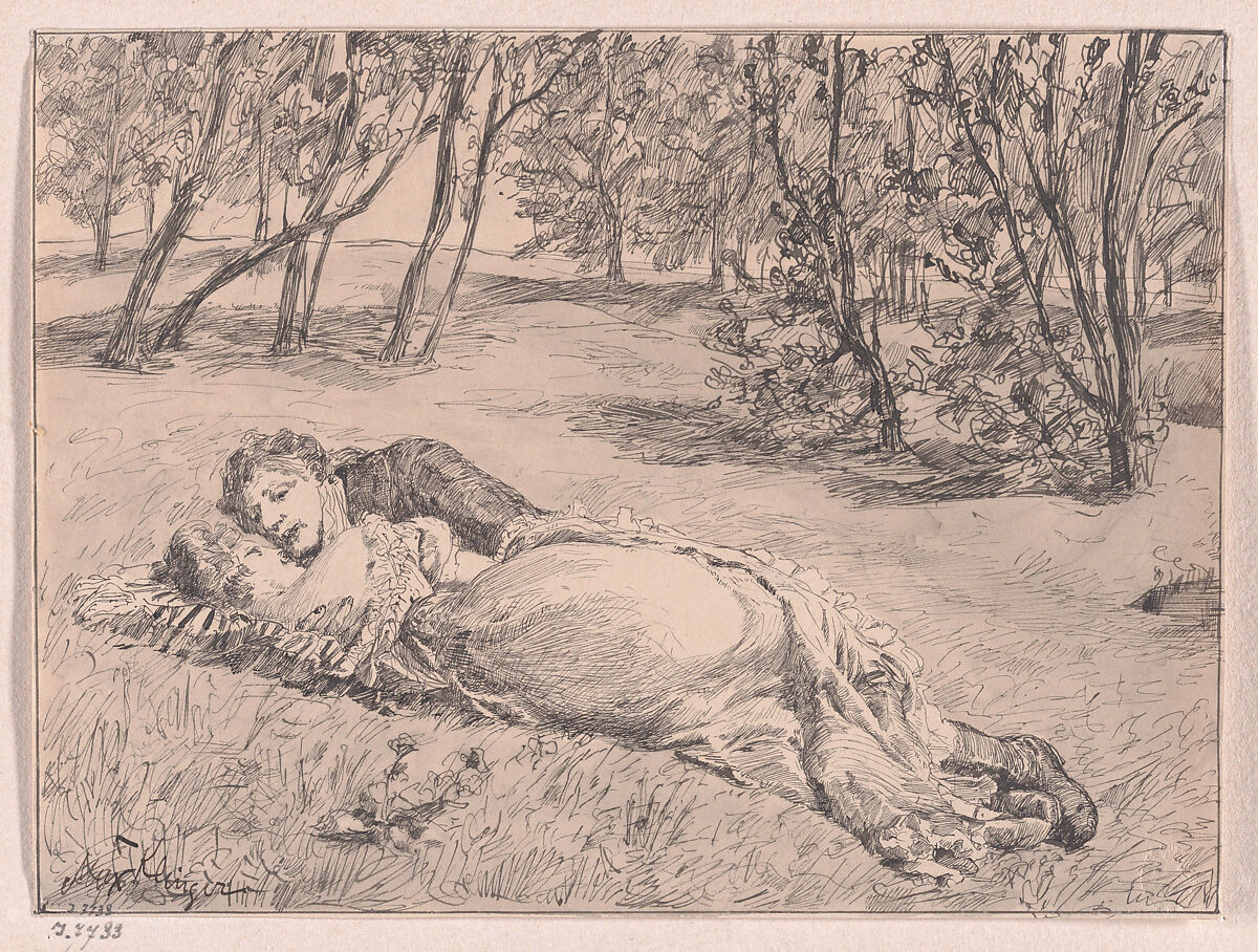 Paar im Grase–Umarmung in einer Landschaft (A Couple on the Grass–An Embrace in a Landscape), Max Klinger (German, Leipzig 1857–1920 Großjena), Pen and brown ink and pale brown wash 