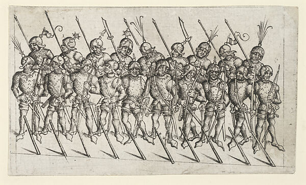 Unit of Nineteen Soldiers on Foot, from War and Camp Scenes from the Burgundian Wars, Master W with Key (Netherlandish, active ca. 1465–90), Engraving, Netherlandish 