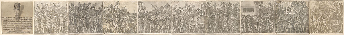 The Triumph of Julius Caesar, Andrea Andreani (Italian, Mantua 1558/1559–1629), Chiaroscuro woodcut comprising 10 sheets (9 of images and 1 title) from slightly different printings from three and four blocks in black (keyblock) and shades from light brown through gray 