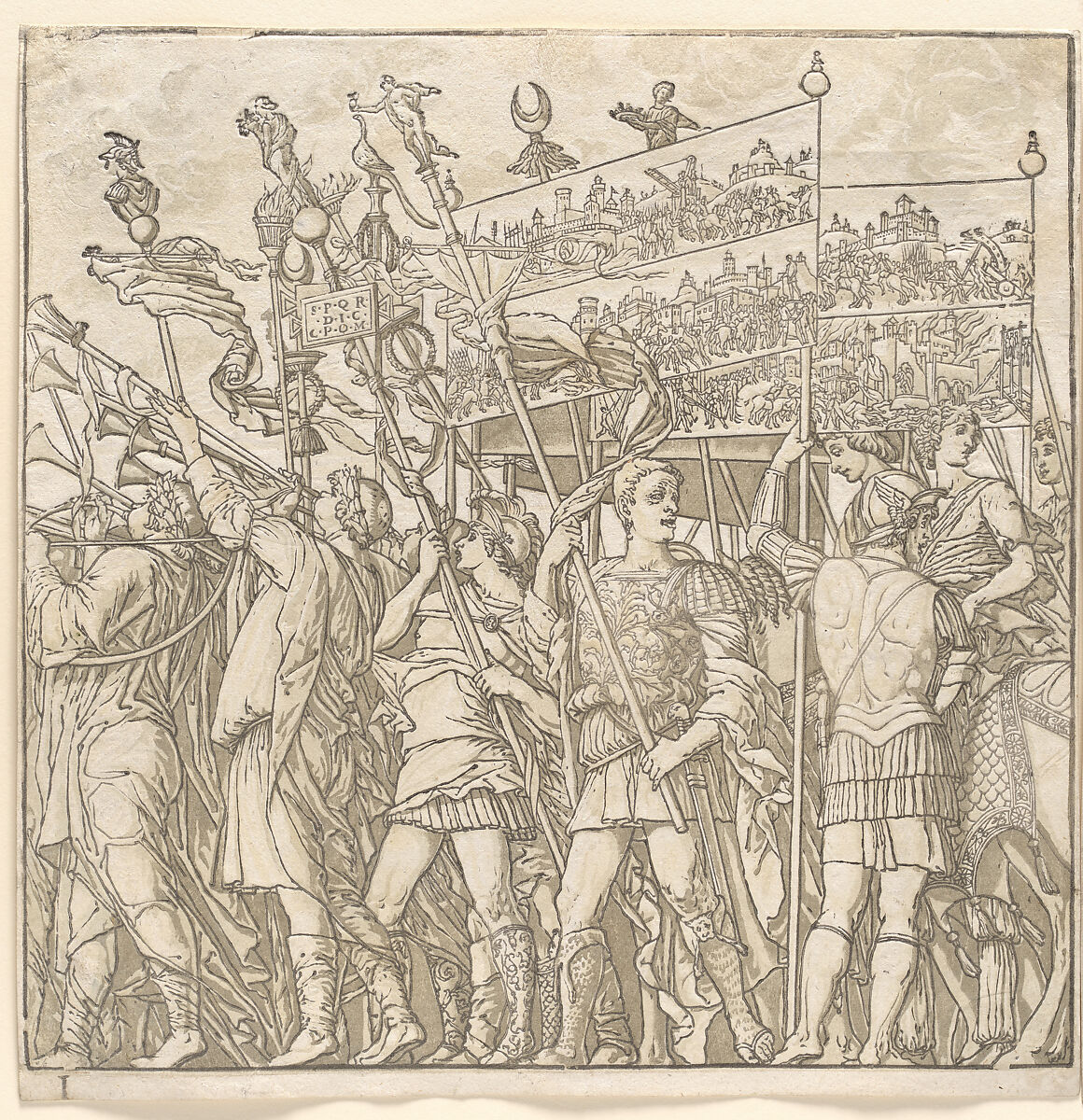 The Triumph of Julius Caesar, Andrea Andreani (Italian, Mantua 1558/1559–1629), Chiaroscuro woodcut comprising 10 sheets (9 of images and 1 title) from slightly different printings from three and four blocks in black (keyblock) and shades from light brown through gray