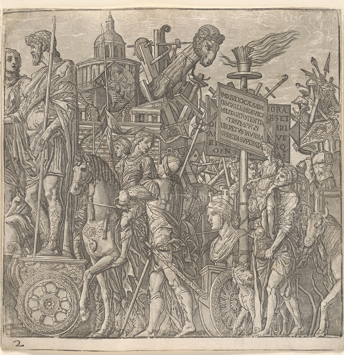 The Triumph of Julius Caesar, Andrea Andreani (Italian, Mantua 1558/1559–1629), Chiaroscuro woodcut comprising 10 sheets (9 of images and 1 title) from slightly different printings from three and four blocks in black (keyblock) and shades from light brown through gray