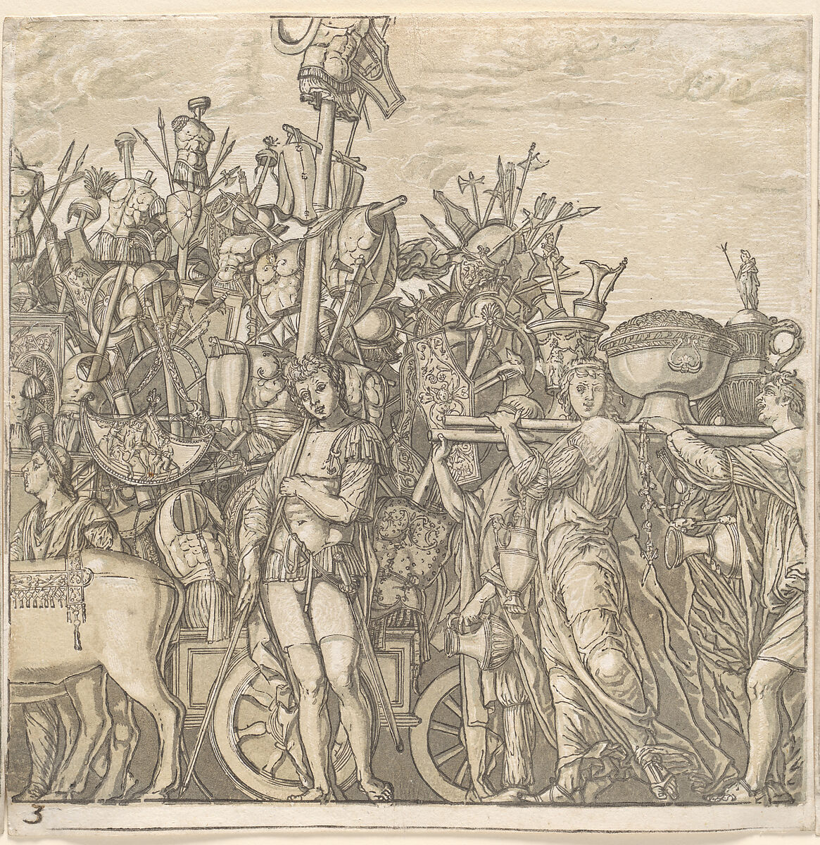 The Triumph of Julius Caesar, Andrea Andreani (Italian, Mantua 1558/1559–1629), Chiaroscuro woodcut comprising 10 sheets (9 of images and 1 title) from slightly different printings from three and four blocks in black (keyblock) and shades from light brown through gray