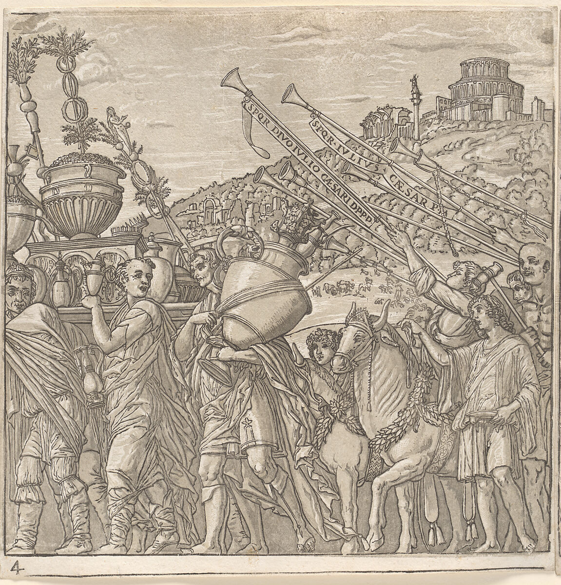 The Triumph of Julius Caesar, Andrea Andreani (Italian, Mantua 1558/1559–1629), Chiaroscuro woodcut comprising 10 sheets (9 of images and 1 title) from slightly different printings from three and four blocks in black (keyblock) and shades from light brown through gray