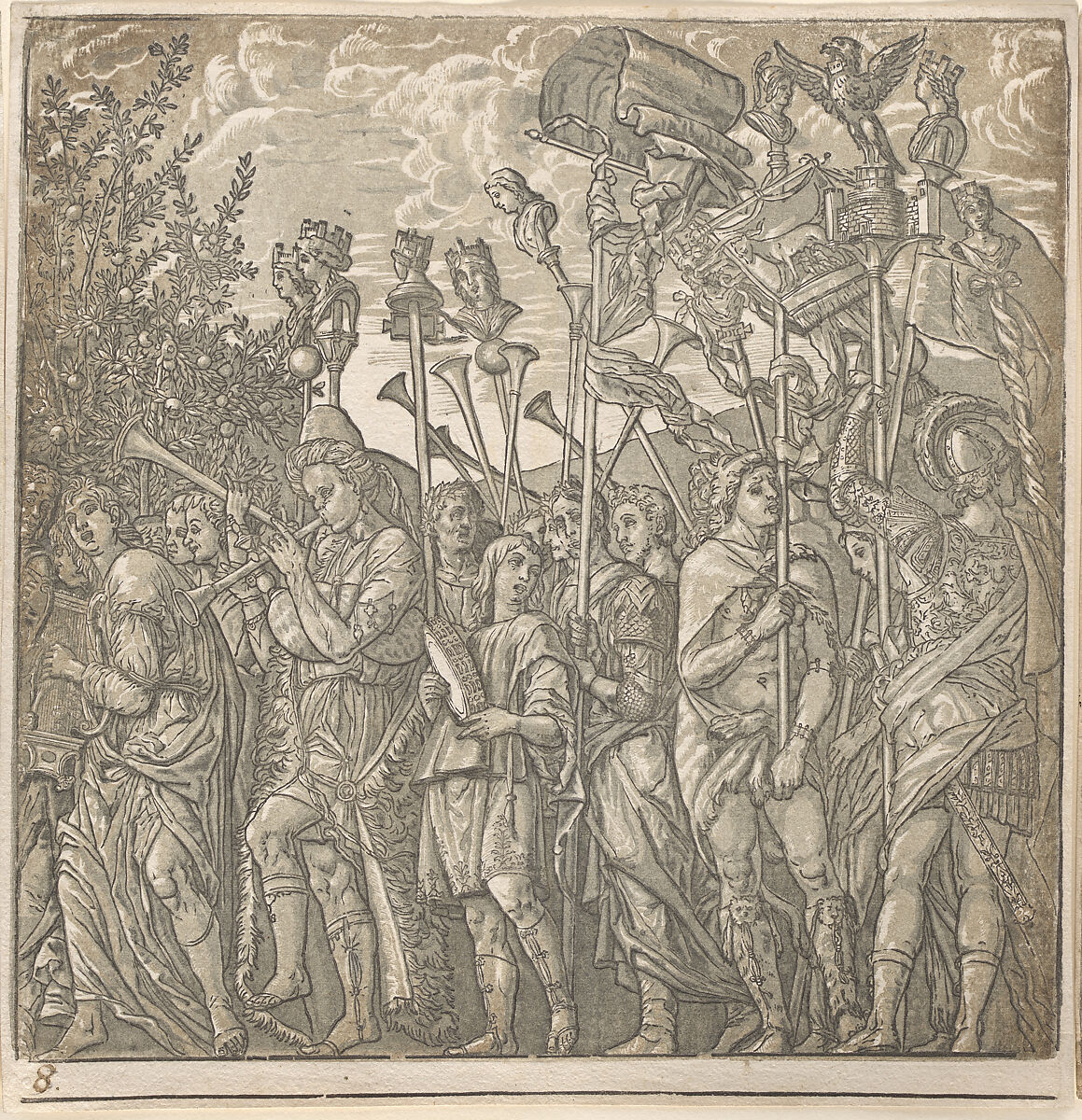The Triumph of Julius Caesar, Andrea Andreani (Italian, Mantua 1558/1559–1629), Chiaroscuro woodcut comprising 10 sheets (9 of images and 1 title) from slightly different printings from three and four blocks in black (keyblock) and shades from light brown through gray