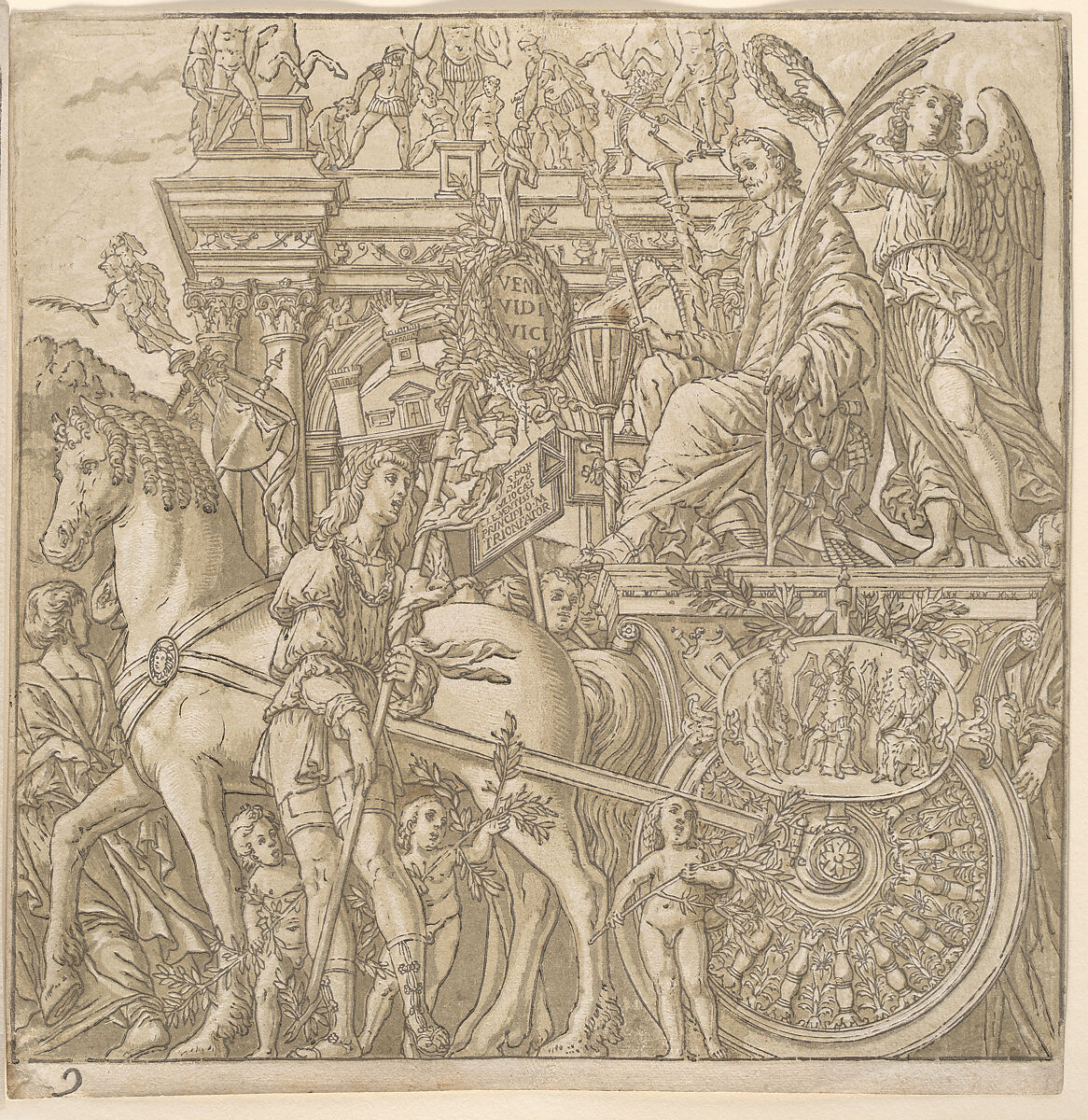 The Triumph of Julius Caesar, Andrea Andreani (Italian, Mantua 1558/1559–1629), Chiaroscuro woodcut comprising 10 sheets (9 of images and 1 title) from slightly different printings from three and four blocks in black (keyblock) and shades from light brown through gray