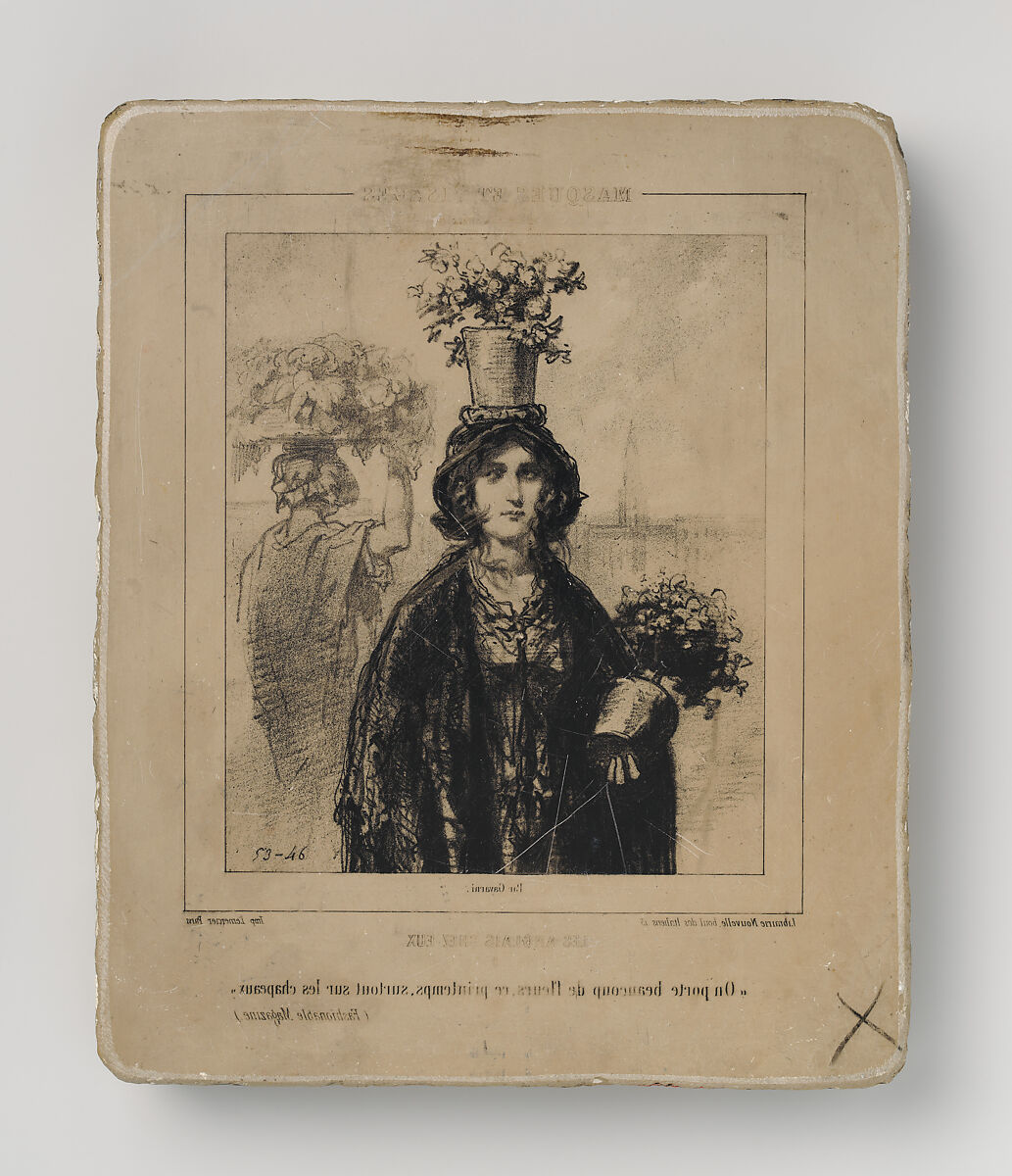 "We're wearing lots of flowers this spring, especially on hats" (Fashionable Magazine), plate IX from the suite The English At Home, from Masks and Faces, Paul Gavarni [Chevalier] (French, Paris 1804–1866 Paris), Lithographic stone 