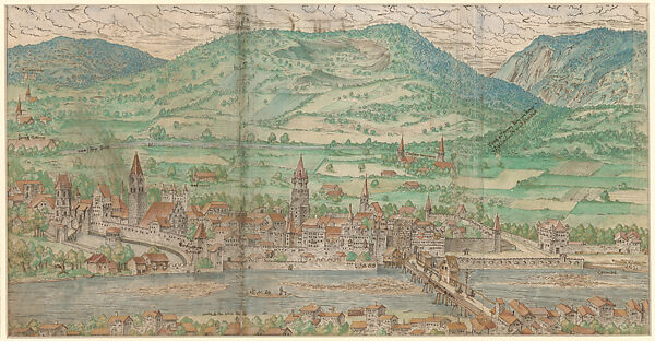 Innsbruck from the Schwaz Mining Book (<i>Schwazer Bergbuch</i>), Jörg Kölber (Austrian, active 1545–68), Calligraphy pen in ink and watercolor, Austrian, Schwaz 