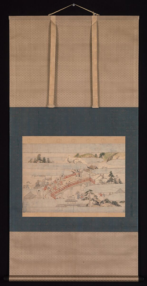 The Final Scene from A Long Tale for an Autumn Night (Aki no yonaga monogatari), Unidentified artist, Fragment of a handscroll mounted as a hanging scroll; ink and color on paper, Japan