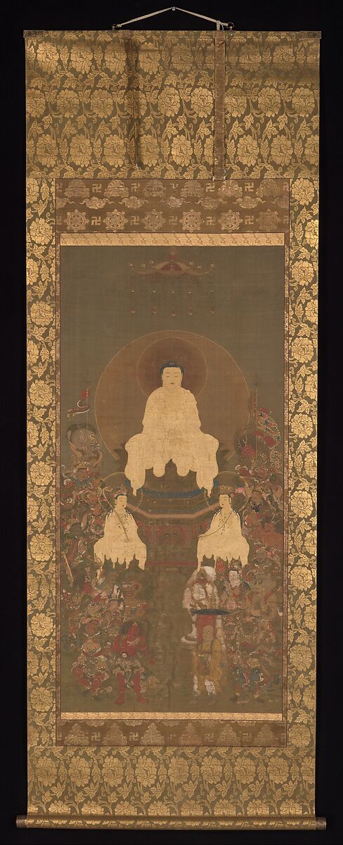 Shaka (Shakyamuni), the Historical Buddha, with Two Attendant Bodhisattvas and Sixteen Benevolent Deities, Unidentified artist Japanese, Hanging scroll; ink, color, gold, and cut gold on silk, Japan