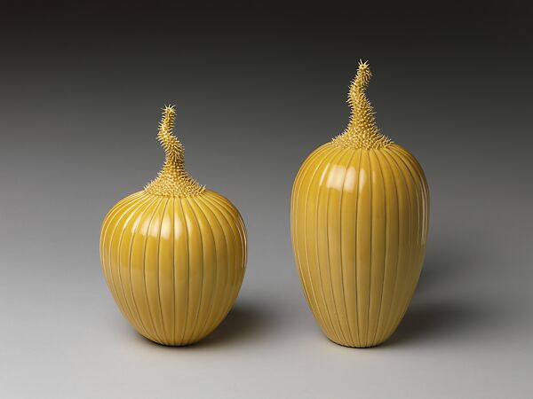 Pair of Prickly Melons, Cliff Lee (American, born Austria 1951), Porcelain with incised and applied decoration under yellow glaze 