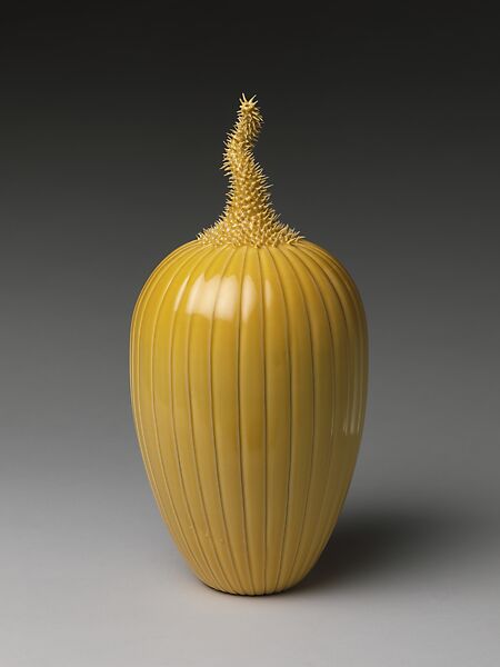 Pair of Prickly Melons, Cliff Lee (American, born Austria 1951), Porcelain with incised and applied decoration under yellow glaze