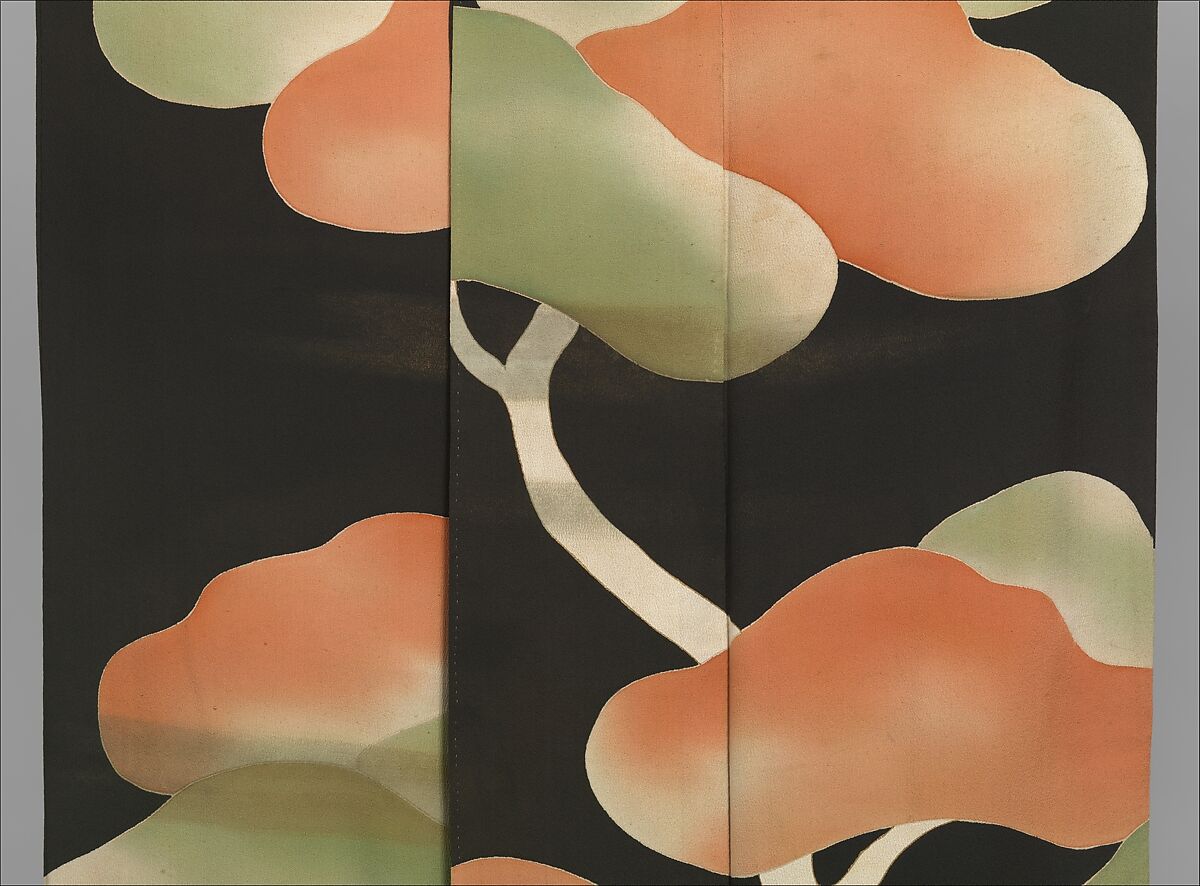 Kimono with Pines and Mist, Plain-weave crepe silk with paste-resist dying (yūzen) and application of gold, Japan