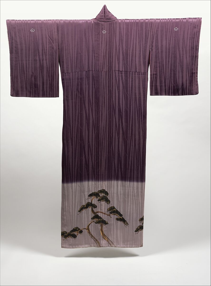 Kimono with Pines, Bamboo, and Plum, Figured satin silk (rinzu) with hand-painted details and silk embroidery, Japan