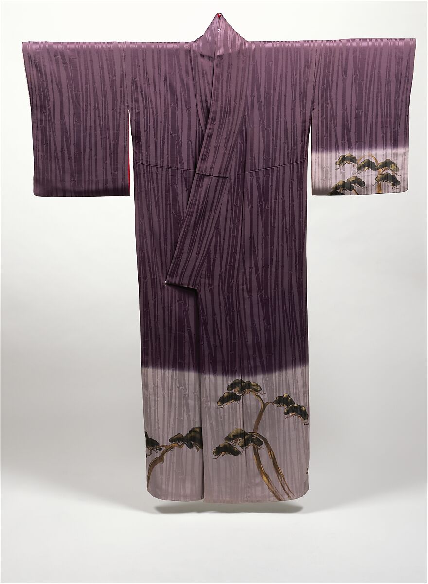 Kimono with Pines, Bamboo, and Plum, Figured satin silk (rinzu) with hand-painted details and silk embroidery, Japan