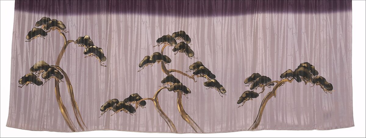 Kimono with Pines, Bamboo, and Plum, Figured satin silk (rinzu) with hand-painted details and silk embroidery, Japan