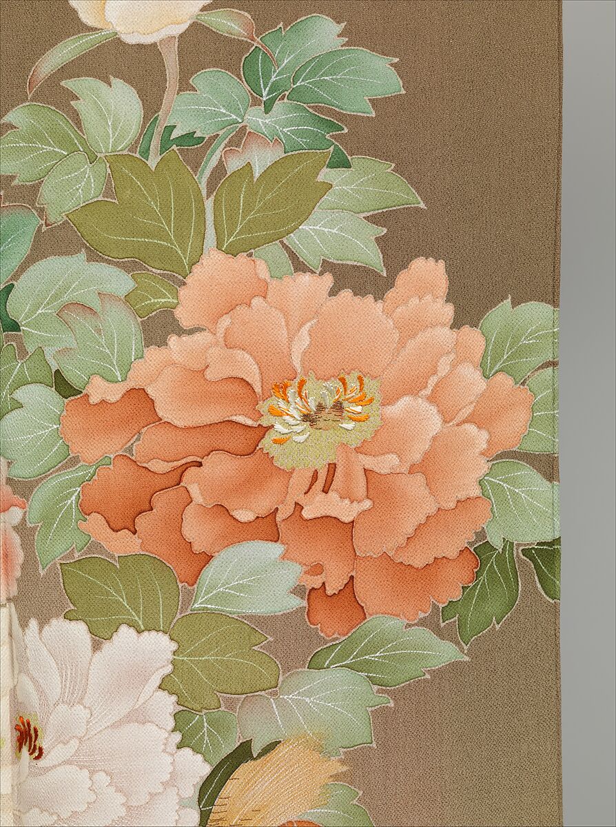 Kimono with Pheasants amid Peonies, Paste-resist dyeing with silk embroidered accents on silk crepe , Japan
