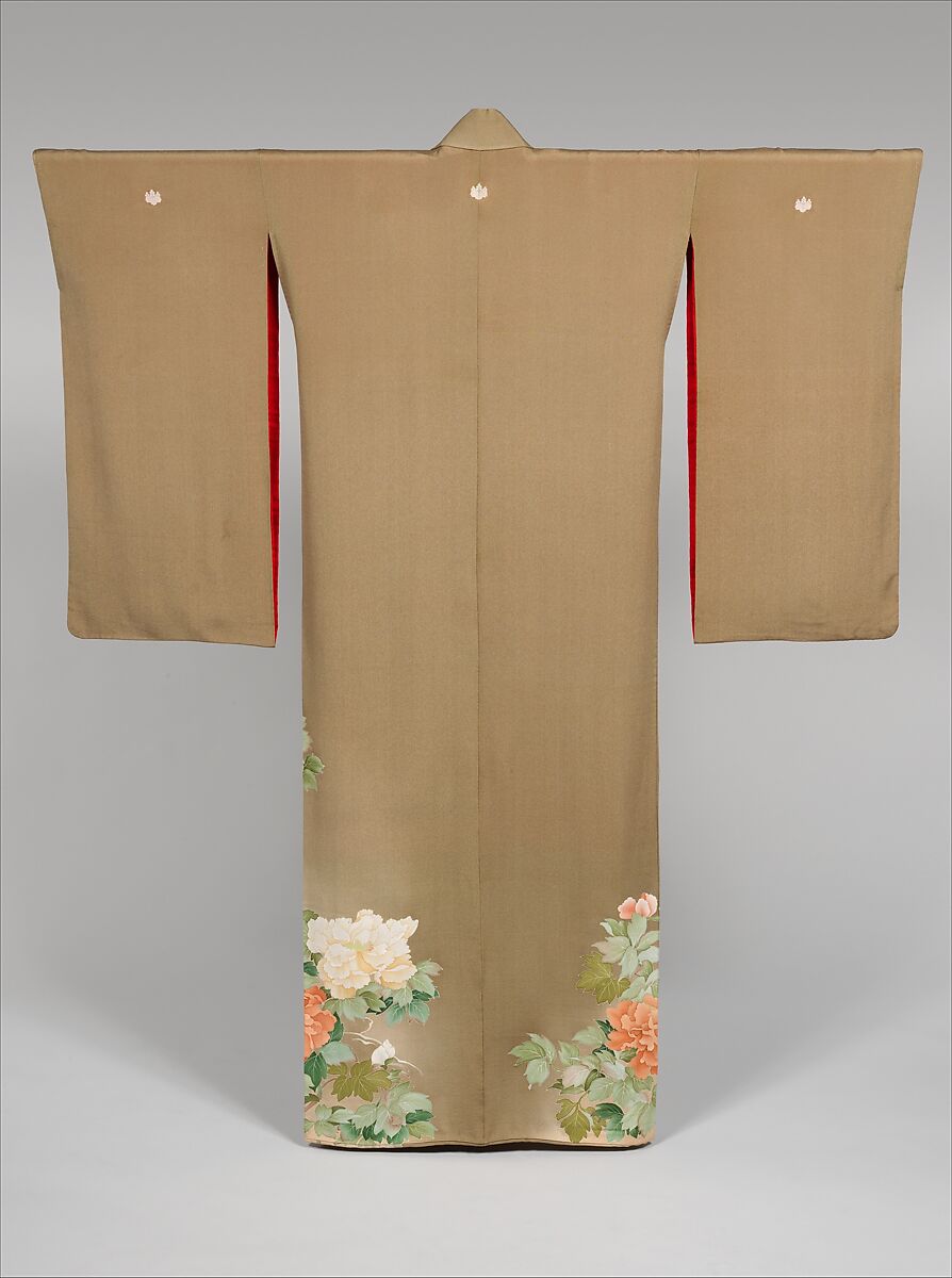 Kimono with Pheasants amid Peonies, Paste-resist dyeing with silk embroidered accents on silk crepe , Japan