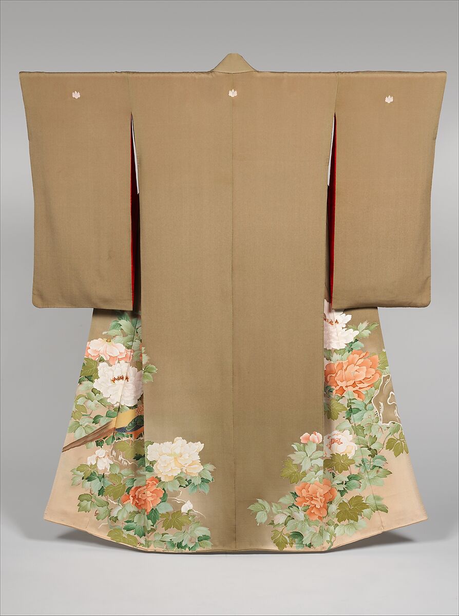 Kimono with Pheasants amid Peonies, Paste-resist dyeing with silk embroidered accents on silk crepe, Japan