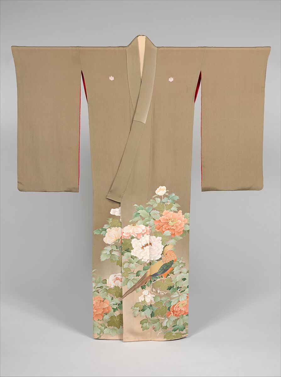 Kimono with Pheasants amid Peonies, Paste-resist dyeing with silk embroidered accents on silk crepe , Japan