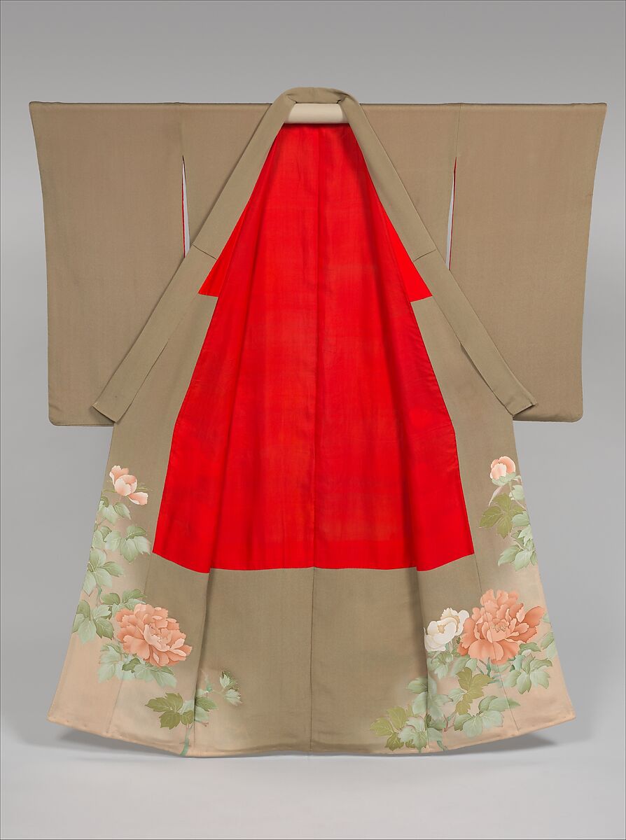 Kimono with Pheasants amid Peonies, Paste-resist dyeing with silk embroidered accents on silk crepe , Japan