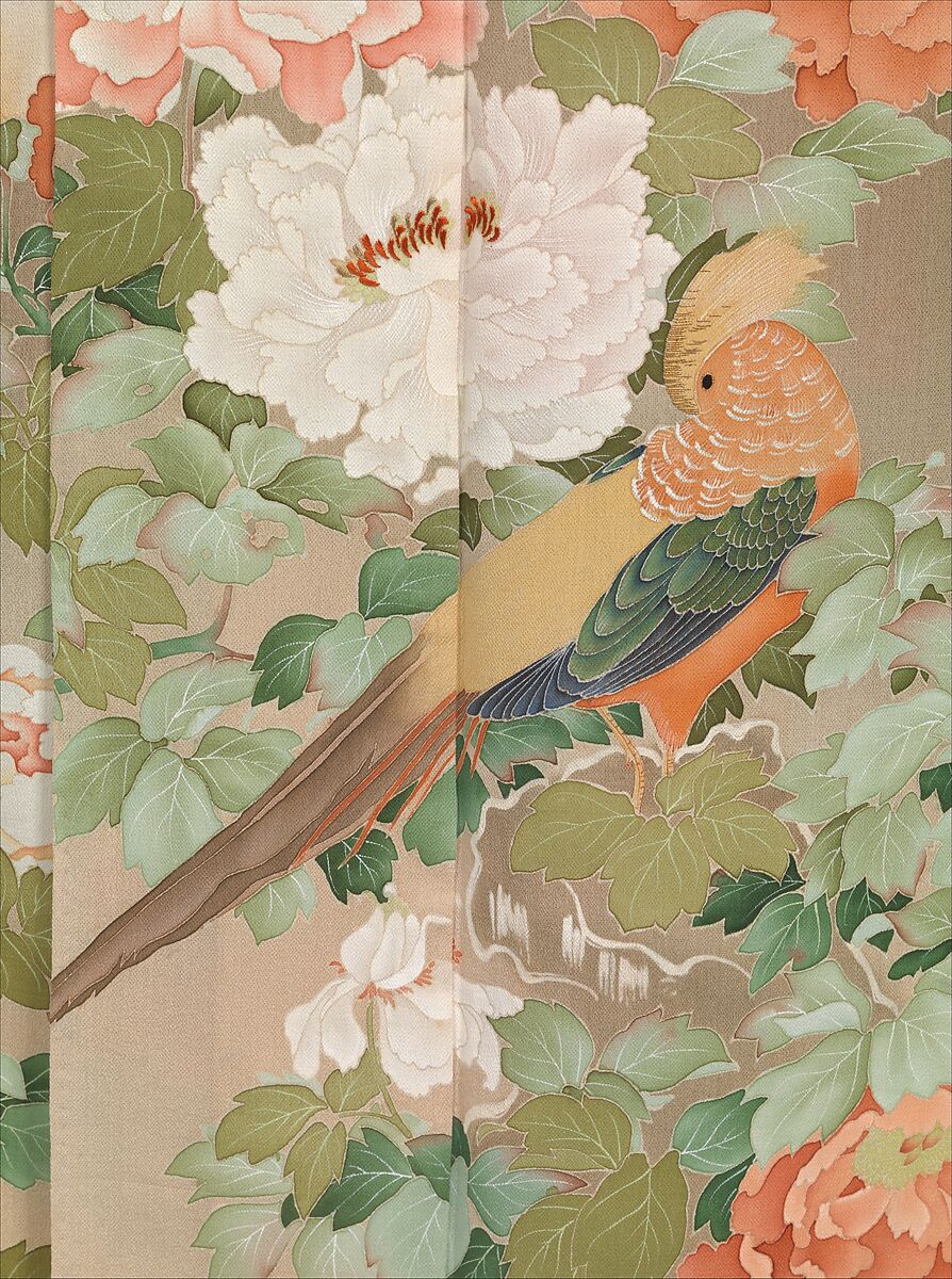 Kimono with Pheasants amid Peonies, Paste-resist dyeing with silk embroidered accents on silk crepe , Japan