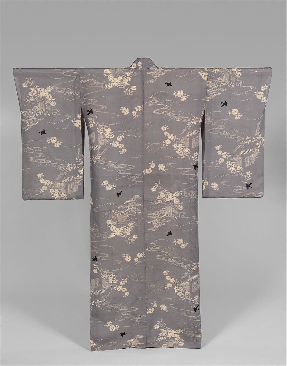 Summer Kimono with Design of Plovers, Waves, Chinese Bellflowers, Pinks, Pines, Carriages, and Fences, Silk gauze; paste-resist dyeing, Japan