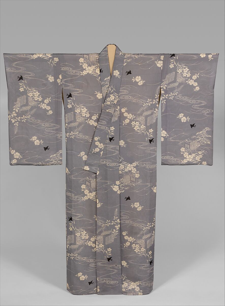 Summer Kimono with Design of Plovers, Waves, Chinese Bellflowers, Pinks, Pines, Carriages, and Fences, Silk gauze; paste-resist dyeing, Japan