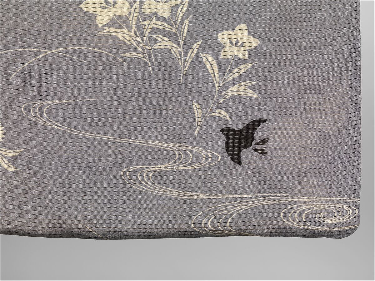 Summer Kimono with Design of Plovers, Waves, Chinese Bellflowers, Pinks, Pines, Carriages, and Fences, Silk gauze; paste-resist dyeing, Japan
