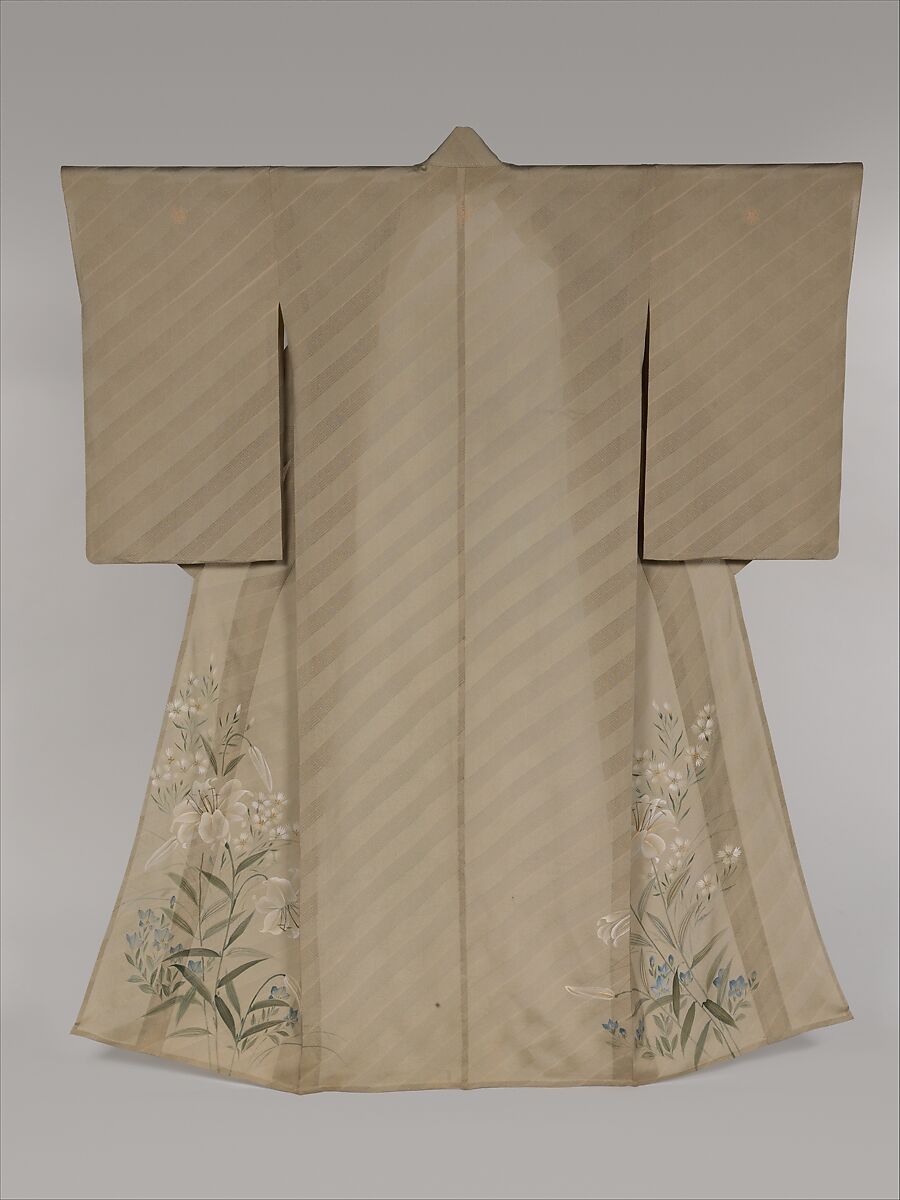 Kimono with Design of Lilies, Chinese Bellflowers, and Pinks, Figured crepe silk with woven diagonal fret pattern; hand-painted with gold accents, embroidered crest, Japan 