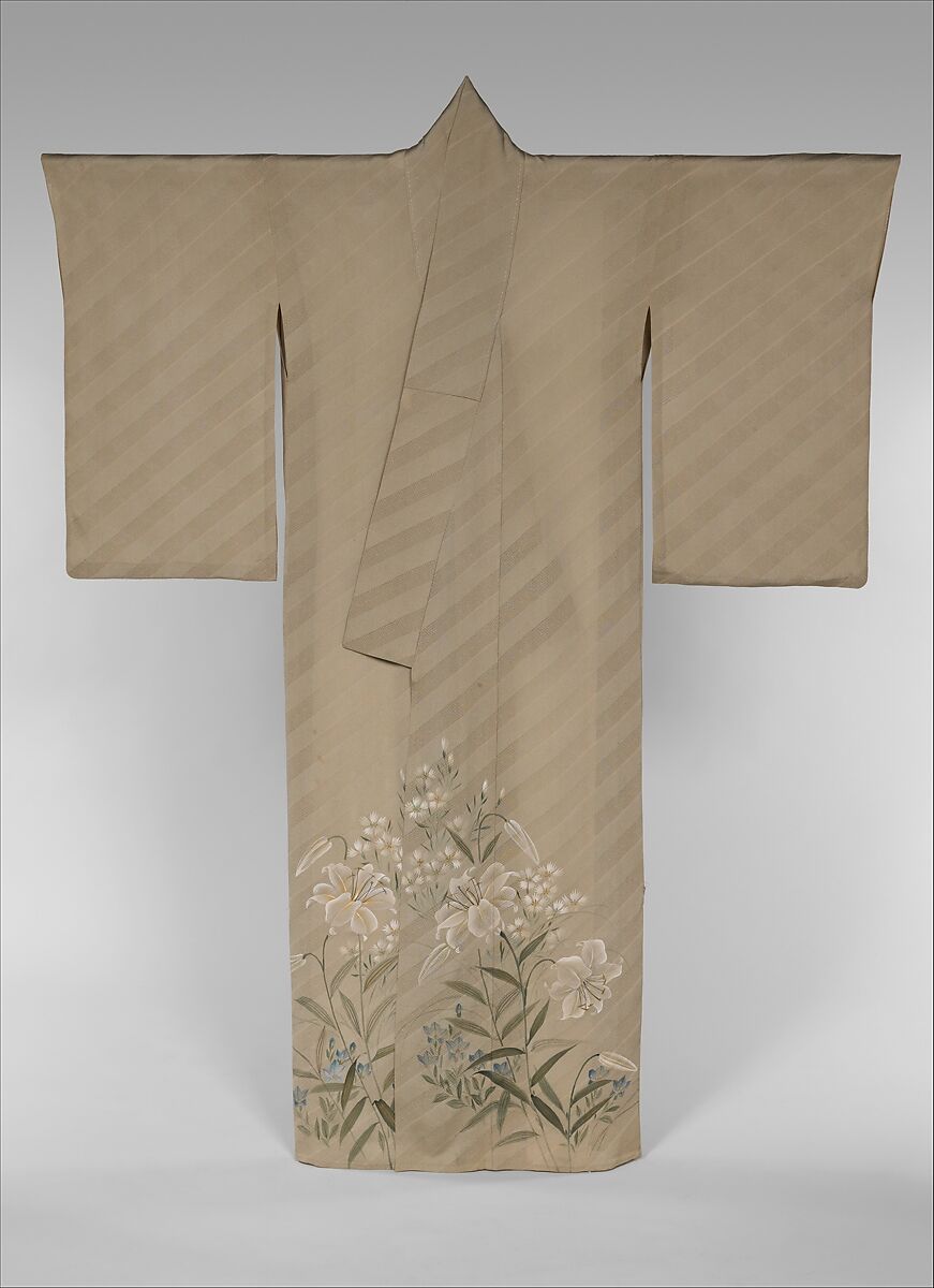 Kimono with Design of Lilies, Chinese Bellflowers, and Pinks, Figured crepe silk with woven diagonal fret pattern; hand-painted with gold accents, embroidered crest, Japan