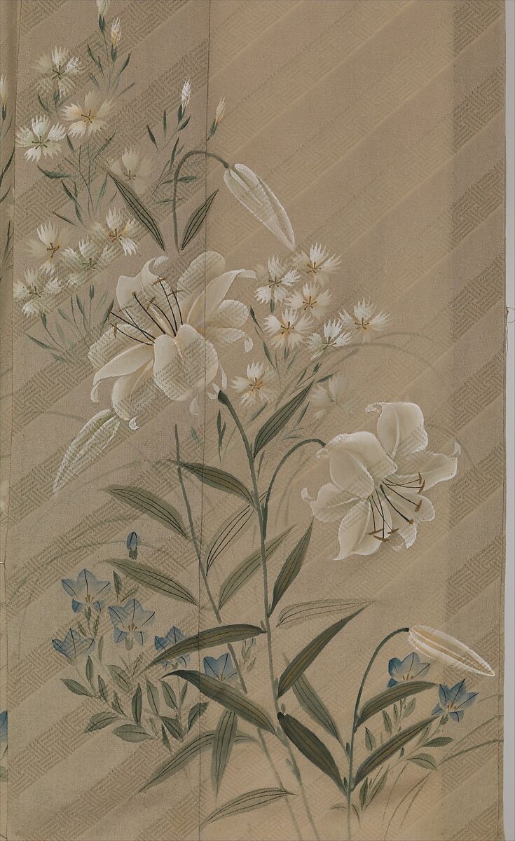 Kimono with Design of Lilies, Chinese Bellflowers, and Pinks, Figured crepe silk with woven diagonal fret pattern; hand-painted with gold accents, embroidered crest, Japan