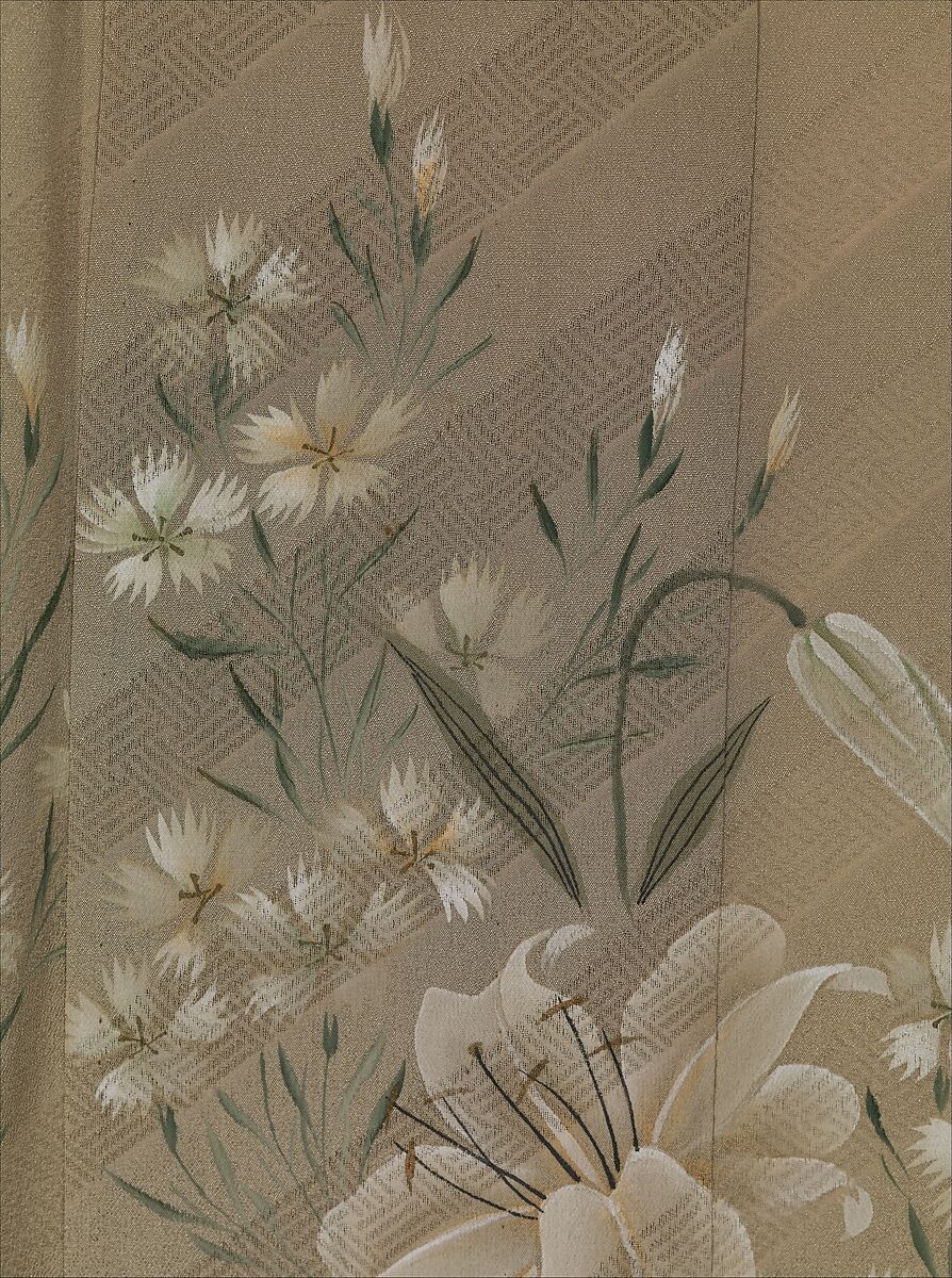 Kimono with Design of Lilies, Chinese Bellflowers, and Pinks, Figured crepe silk with woven diagonal fret pattern; hand-painted with gold accents, embroidered crest, Japan