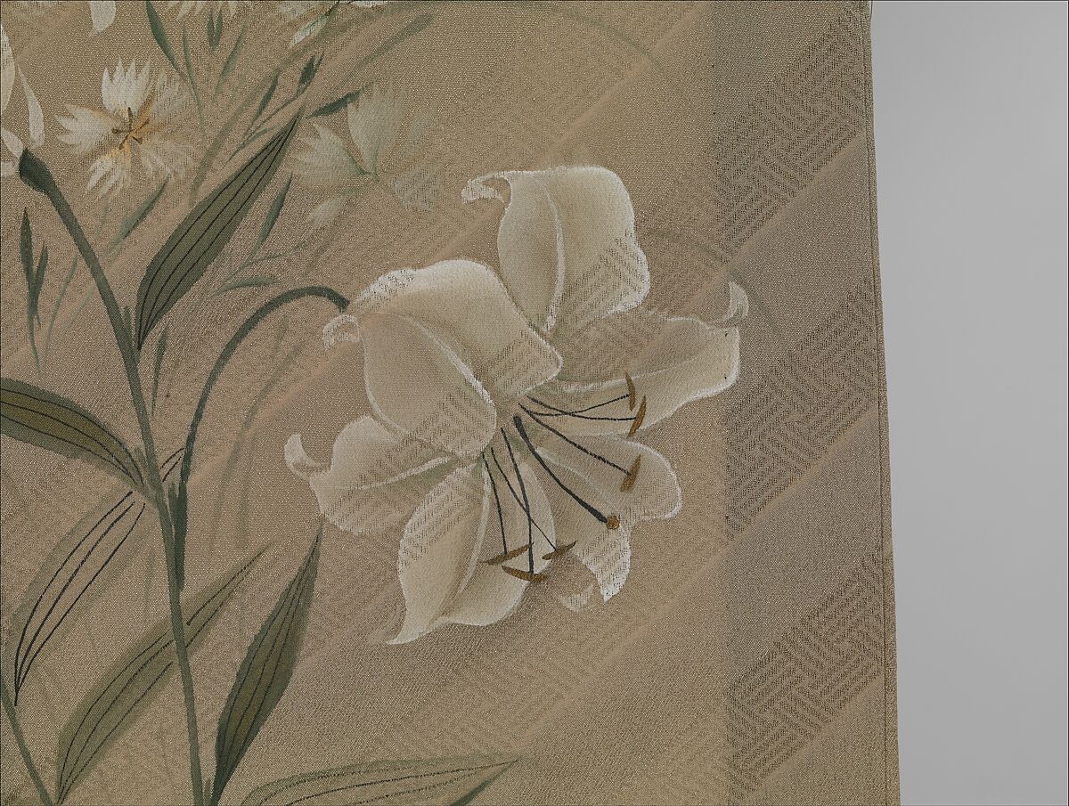 Kimono with Design of Lilies, Chinese Bellflowers, and Pinks, Figured crepe silk with woven diagonal fret pattern; hand-painted with gold accents, embroidered crest, Japan