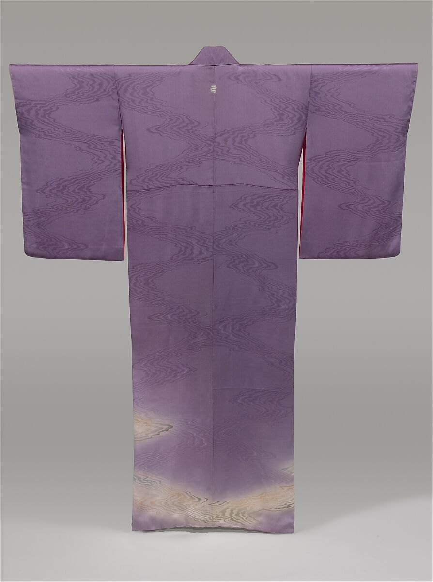 Kimono with Stylized Flowing Water, Silk; paste-resist dyed with gold- and silver-painted accents, Japan