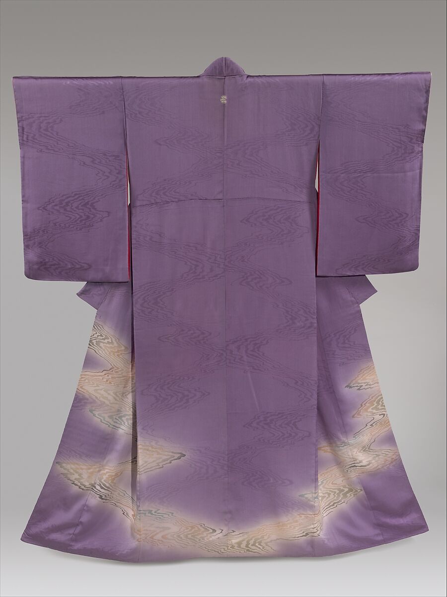 Kimono with Stylized Flowing Water, Silk; paste-resist dyed with gold- and silver-painted accents, Japan 