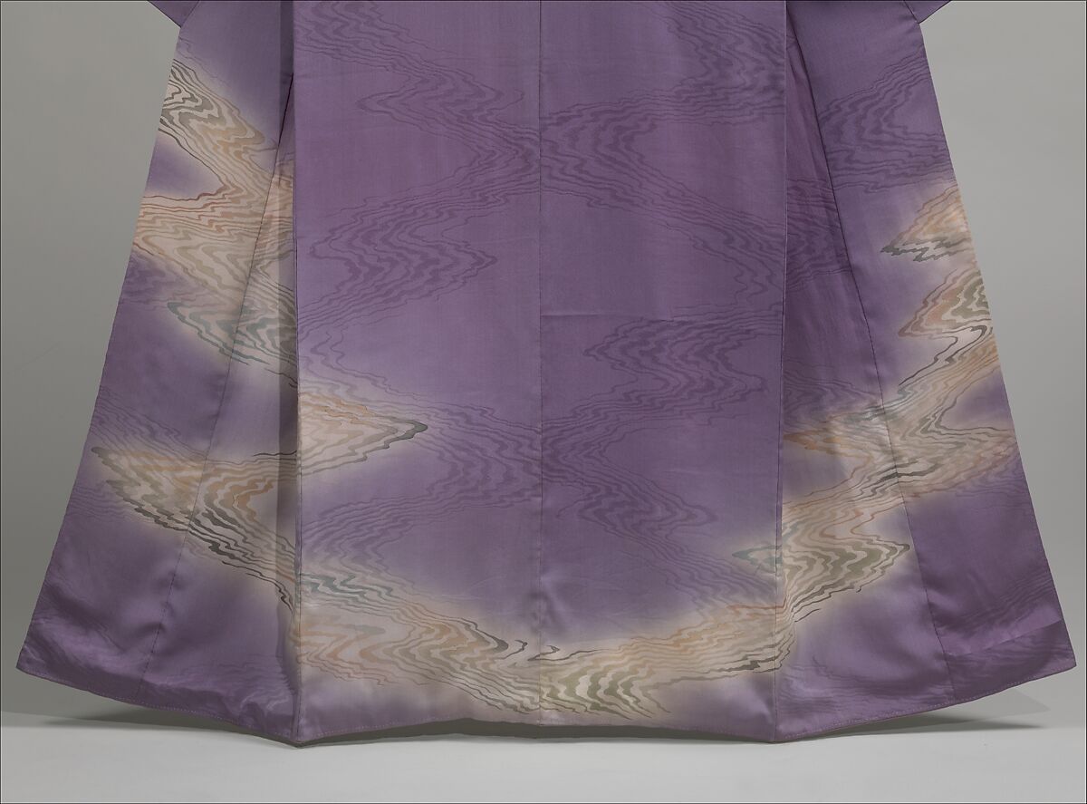 Kimono with Stylized Flowing Water, Silk; paste-resist dyed with gold- and silver-painted accents, Japan