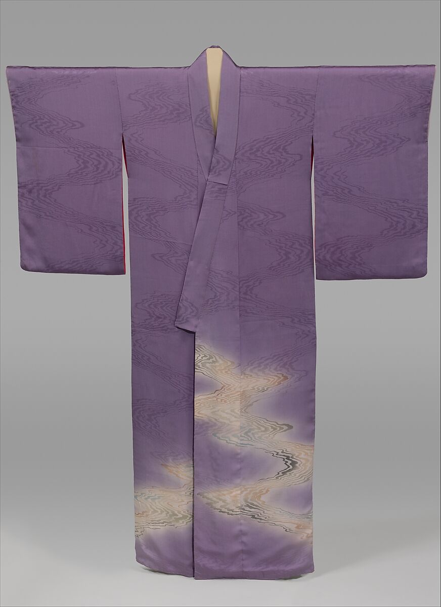 Kimono with Stylized Flowing Water, Silk; paste-resist dyed with gold- and silver-painted accents, Japan