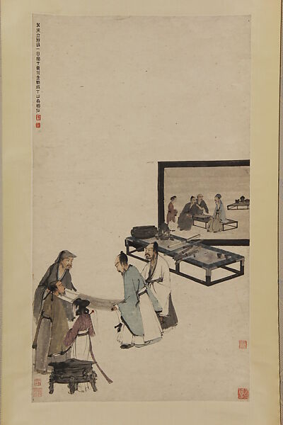 Viewing a Painting, Fu Baoshi (Chinese, 1904–1965), Hanging scroll; ink and color on paper, China 