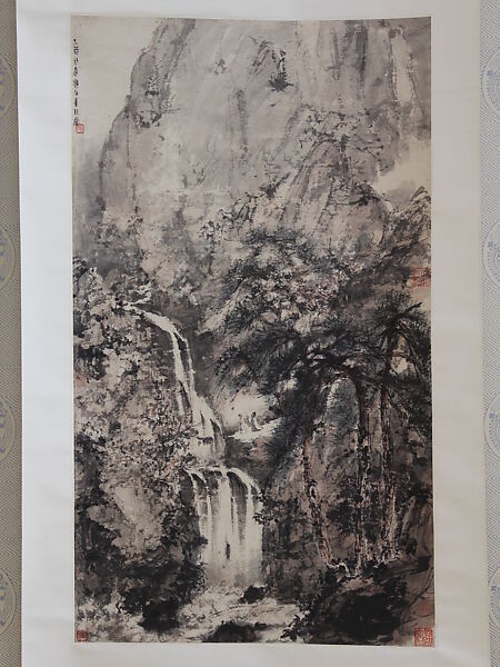 Listening to the Waterfall in a Valley of Pines, Fu Baoshi (Chinese, 1904–1965), Hanging scroll; ink and color on paper, China 