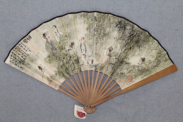 Seven Sages of the Bamboo Grove, Fu Baoshi (Chinese, 1904–1965), Folding fan; ink and color on paper, China 