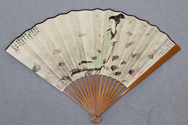 Goddess of the Xiang River, Fu Baoshi (Chinese, 1904–1965), Folding fan; ink and color on paper, China 