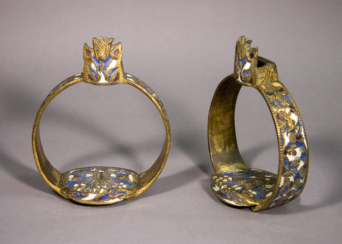 Pair of Stirrups, Stephen Pilcherd (British, London, active 1625–d. 1670), Brass, gold, enamel, British, London 